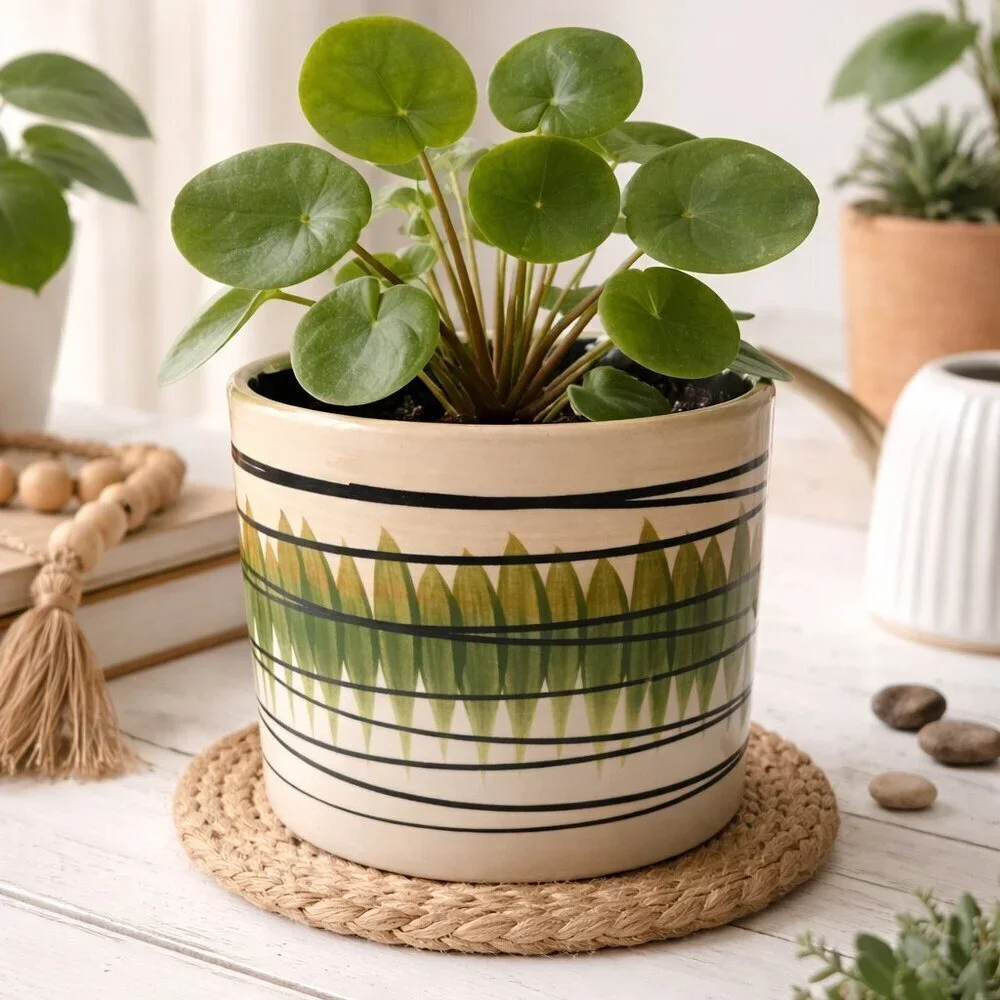 Vintage Ceramic Planter Pot Green Black Geometric Striped Boho Cachepot 5.75”
